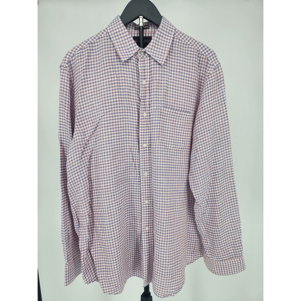 Black Brown 1826 Mens Orange Blue Gingham 100% Linen Button Down Shirt Large